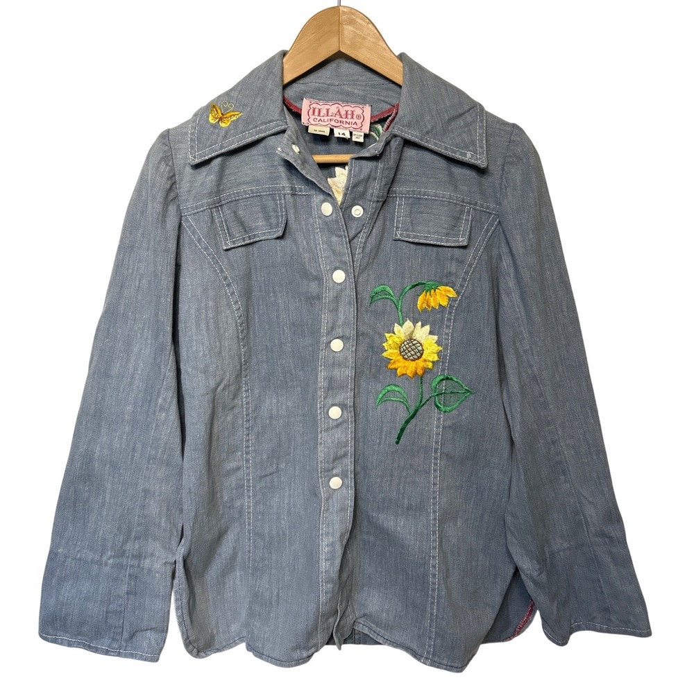 Vintage Illah California Denim Embroidered Sunflower Butterfly Shirt Size 14